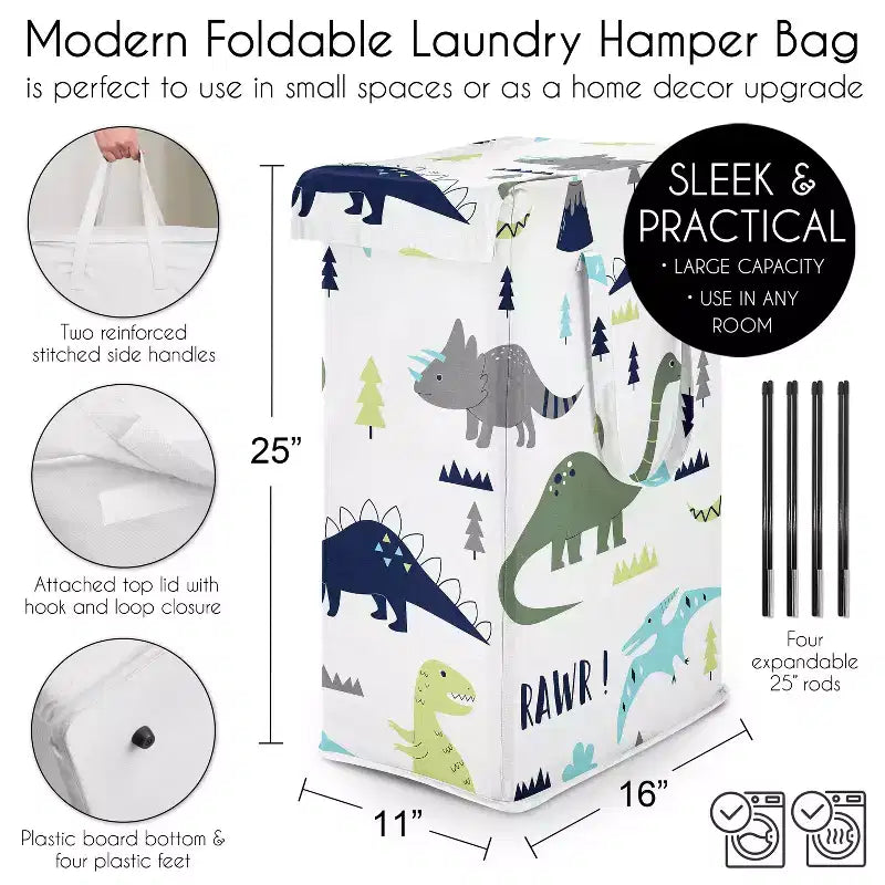 Sweet Jojo Designs Panier à linge pliable pour garçon avec poignées Mod Dinosaur Bleu et Vert