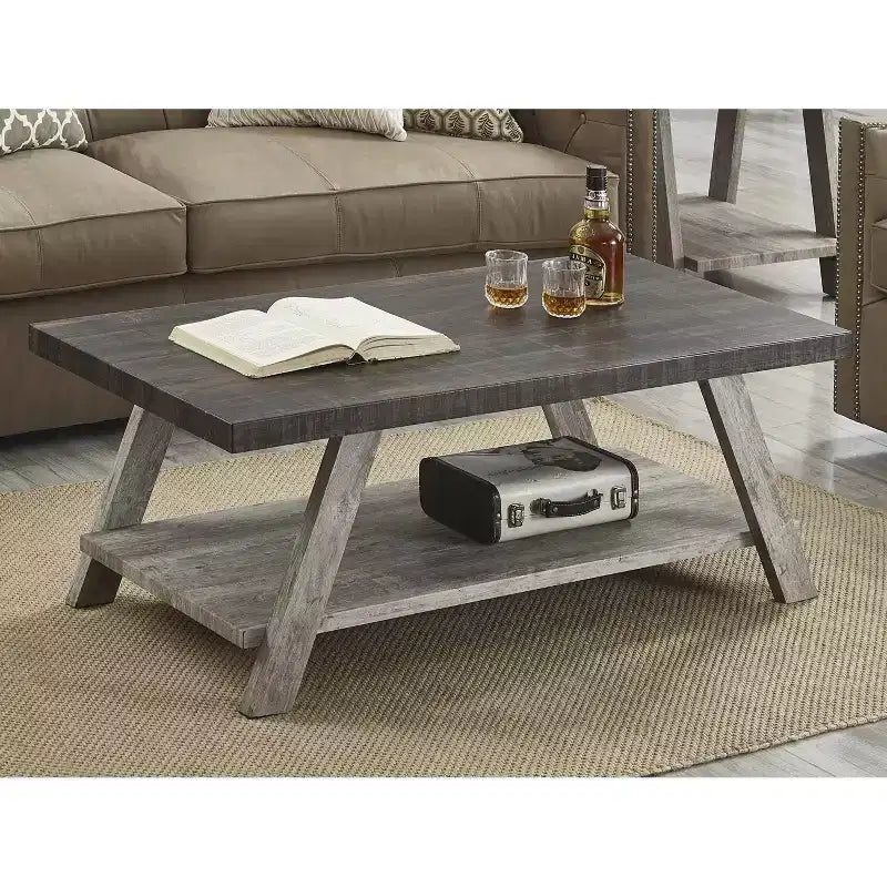Table basse de salon contemporaine Roundhill Furniture Athens en bois bicolore avec étagère, coloris noyer vieilli et gris
