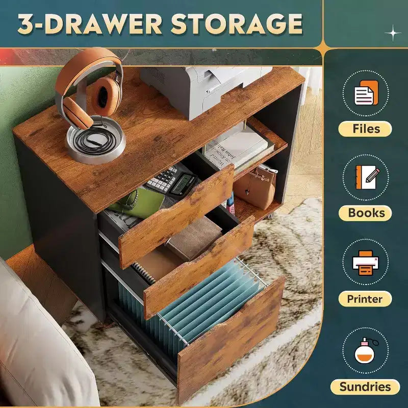 GALAXHERO Meuble de Rangement à 3 Tiroirs en Bois, Classeur Latéral Mobile, Support d'Imprimante avec Étagères Ouvertes pour Bureau à Domicile