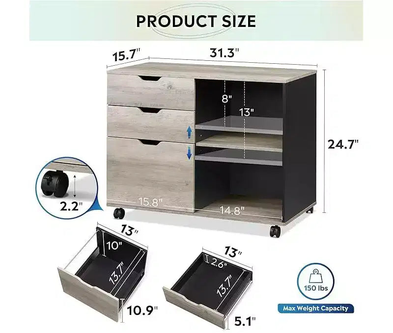 GALAXHERO Meuble de Rangement à 3 Tiroirs en Bois, Classeur Latéral Mobile, Support d'Imprimante avec Étagères Ouvertes pour Bureau à Domicile