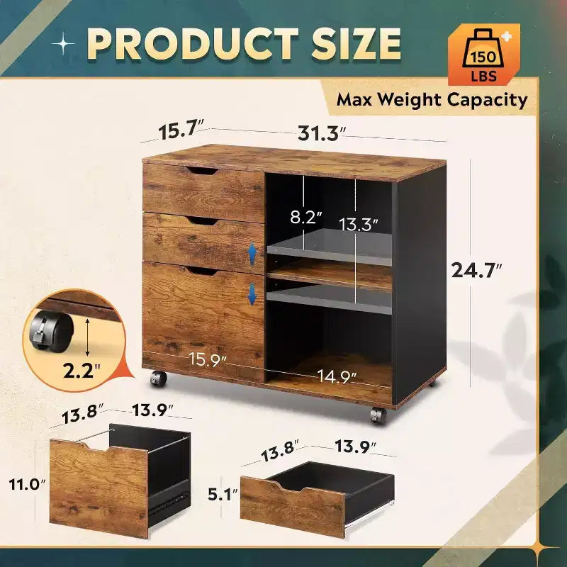 GALAXHERO Meuble de Rangement à 3 Tiroirs en Bois, Classeur Latéral Mobile, Support d'Imprimante avec Étagères Ouvertes pour Bureau à Domicile