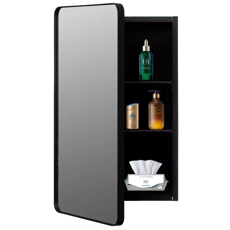 Basicwise Aluminum Bathroom Medicine Cabinet, Beveled Mirror, Round Frame, 2 Adjustable Shelves, Surface or Recessed Mount, Black Finish