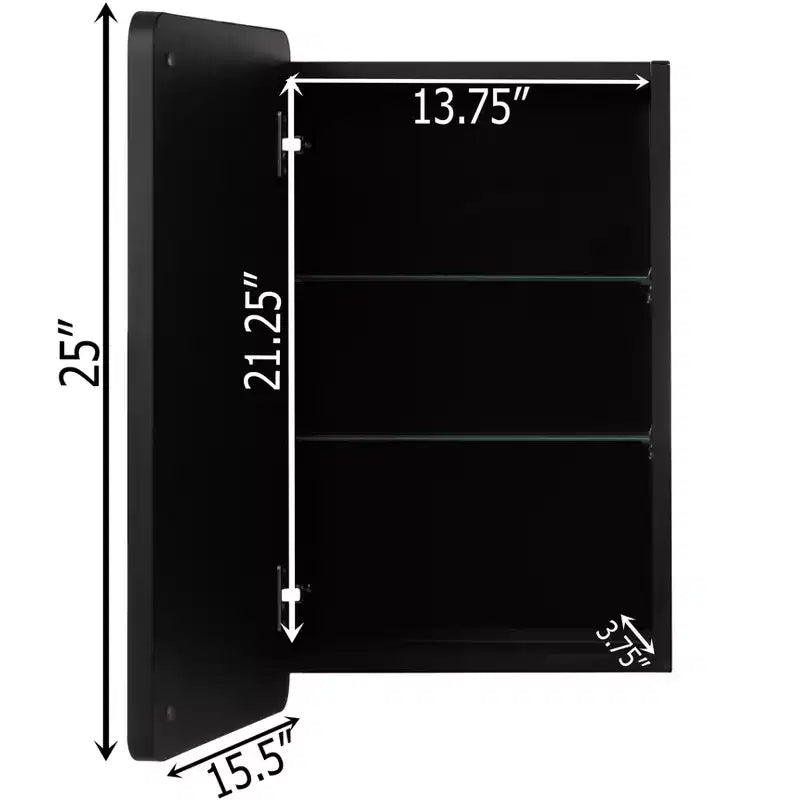Armoire à pharmacie Basicwise en aluminium pour salle de bain, miroir biseauté, cadre rond, 2 étagères réglables, montage en saillie ou encastré, finition noire