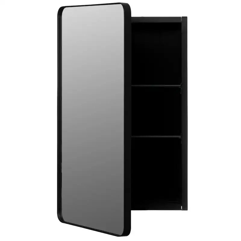 Armoire à pharmacie Basicwise en aluminium pour salle de bain, miroir biseauté, cadre rond, 2 étagères réglables, montage en saillie ou encastré, finition noire