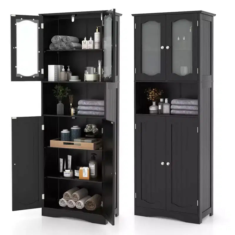 Armoire de salle de bain Costway de 164 cm de haut avec portes en verre trempé, étagères réglables, blanc/noir