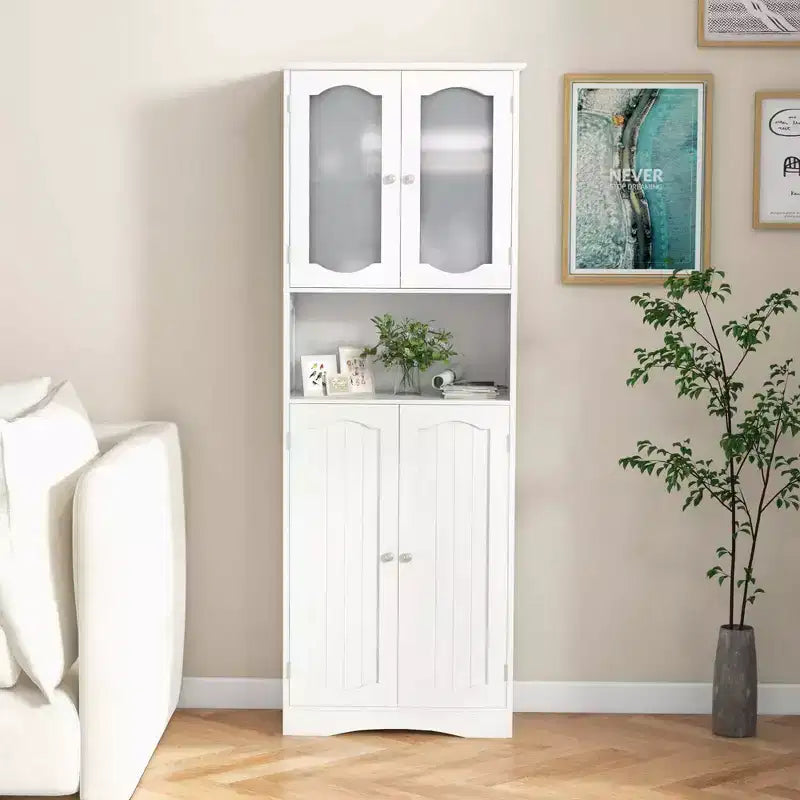 Armoire de salle de bain Costway de 164 cm de haut avec portes en verre trempé, étagères réglables, blanc/noir