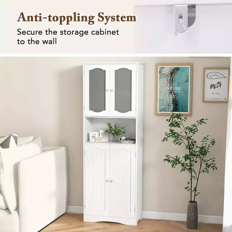 Armoire de salle de bain Costway de 164 cm de haut avec portes en verre trempé, étagères réglables, blanc/noir