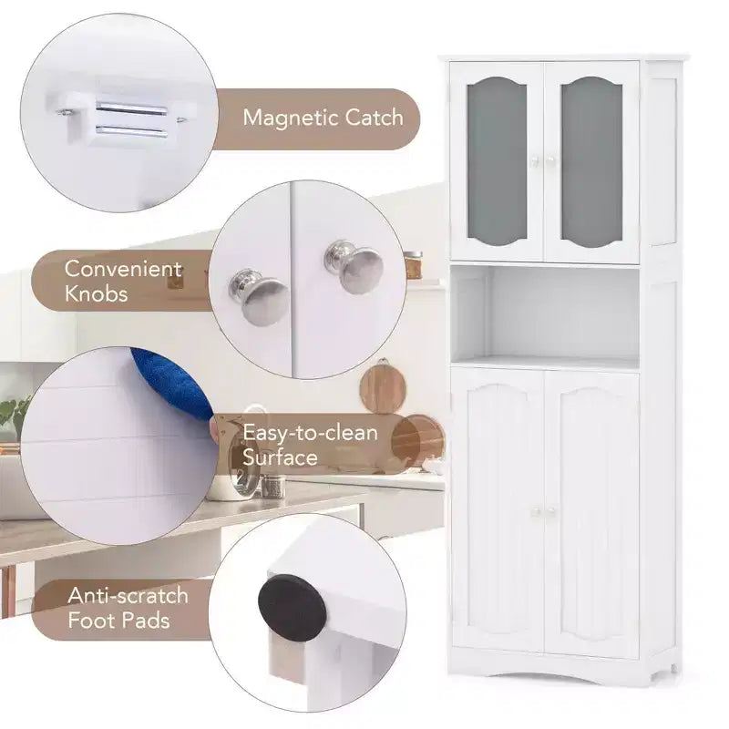 Armoire de salle de bain Costway de 164 cm de haut avec portes en verre trempé, étagères réglables, blanc/noir
