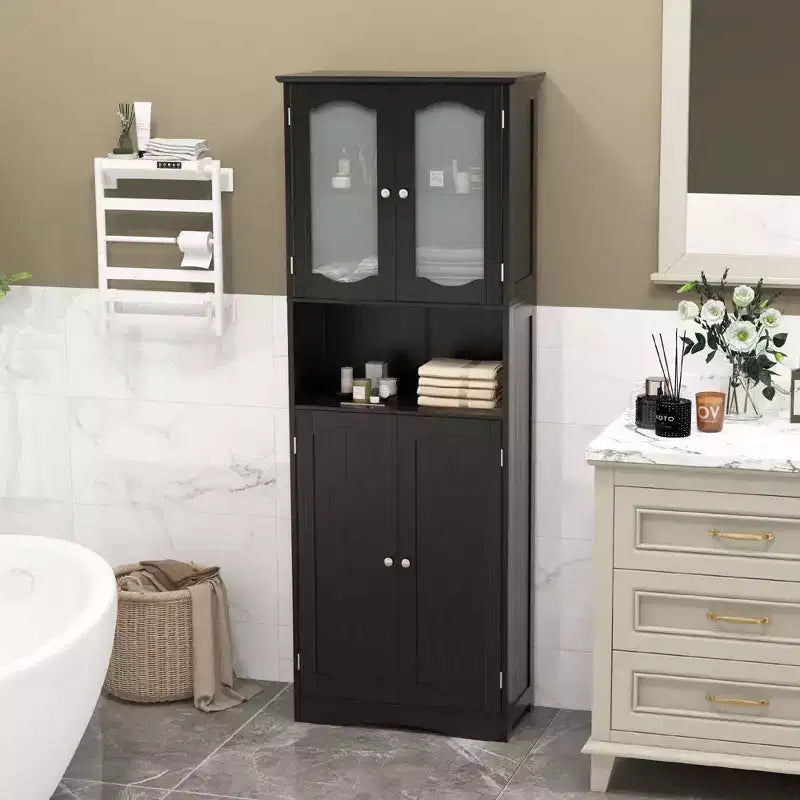 Armoire de salle de bain Costway de 164 cm de haut avec portes en verre trempé, étagères réglables, blanc/noir