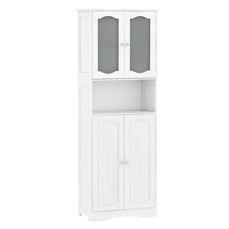 Armoire de salle de bain Costway de 164 cm de haut avec portes en verre trempé, étagères réglables, blanc/noir