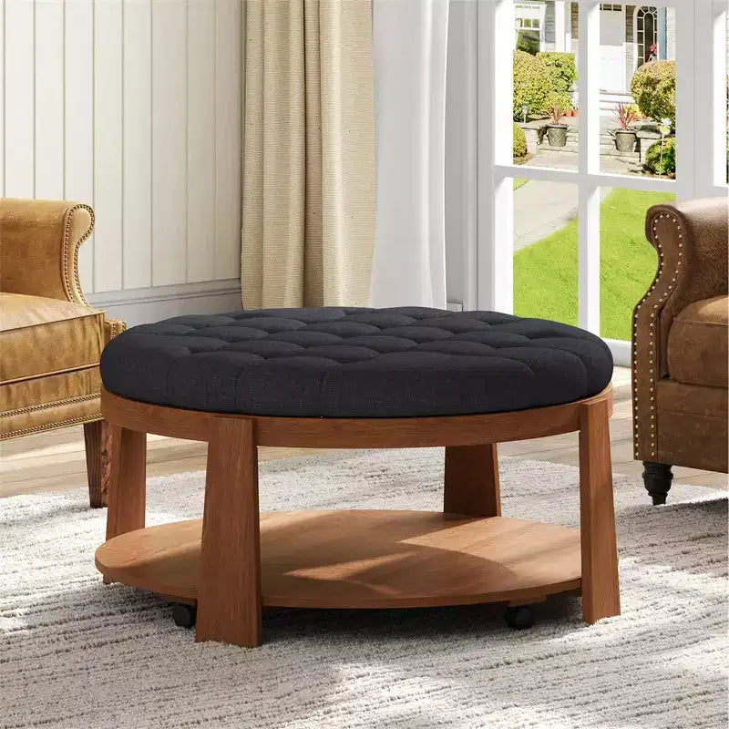 Table basse capitonnée 36W, table de cocktail, table d'appoint, pouf repose-pieds à 2 niveaux avec étagère de rangement et roulettes, capitonnée et étanche - ModernLu