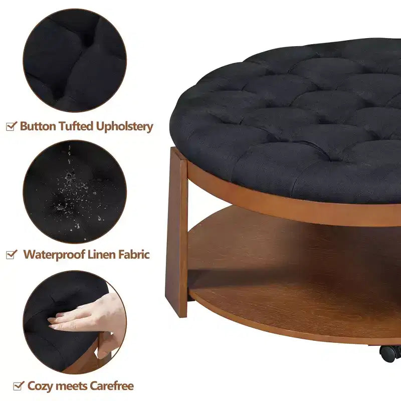 Table basse capitonnée 36W, table de cocktail, table d'appoint, pouf repose-pieds à 2 niveaux avec étagère de rangement et roulettes, capitonnée et étanche - ModernLu