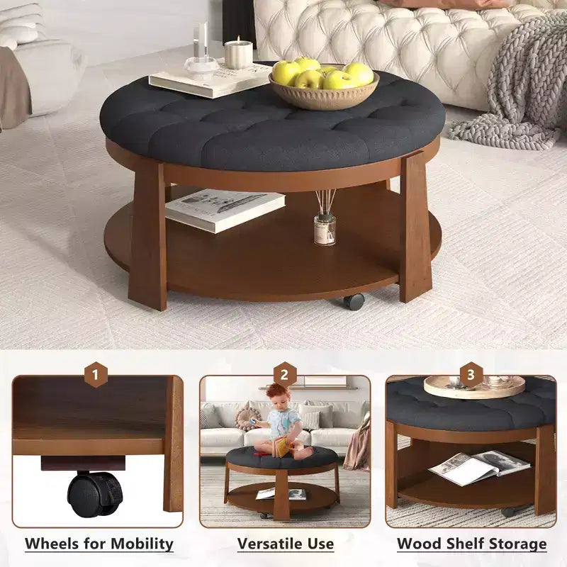 Table basse capitonnée 36W, table de cocktail, table d'appoint, pouf repose-pieds à 2 niveaux avec étagère de rangement et roulettes, capitonnée et étanche - ModernLu
