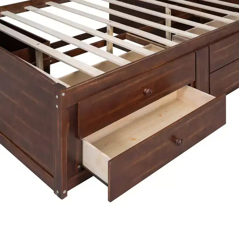Lit capitaine/lit de repos pleine grandeur en bois avec étagères de rangement intégrées, 4 tiroirs et 2 armoires, marron antique - ModernLuxe