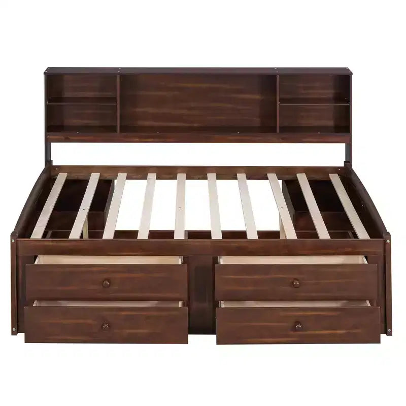 Lit capitaine/lit de repos pleine grandeur en bois avec étagères de rangement intégrées, 4 tiroirs et 2 armoires, marron antique - ModernLuxe