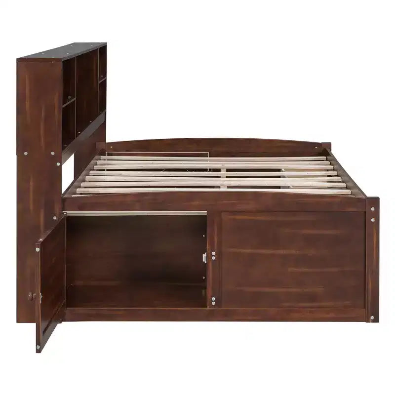 Lit capitaine/lit de repos pleine grandeur en bois avec étagères de rangement intégrées, 4 tiroirs et 2 armoires, marron antique - ModernLuxe