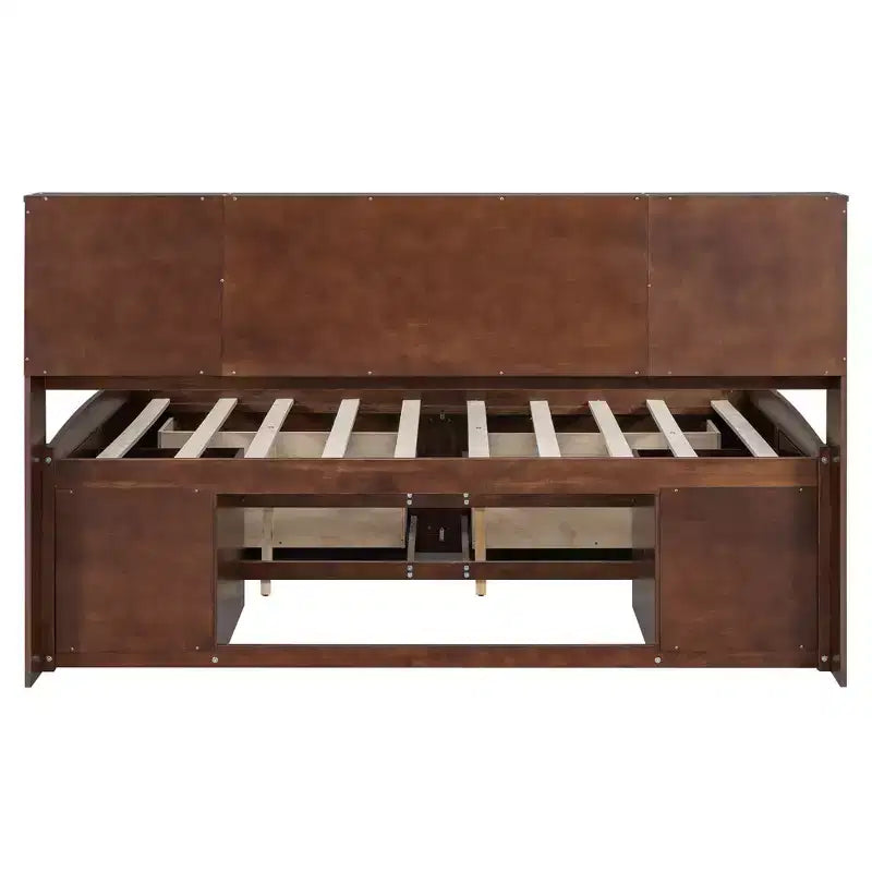 Lit capitaine/lit de repos pleine grandeur en bois avec étagères de rangement intégrées, 4 tiroirs et 2 armoires, marron antique - ModernLuxe