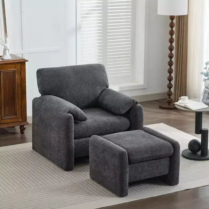 Fauteuil d'appoint HYLEORY Chenille 92,48 cm avec pouf, fauteuil de salon confortable et surdimensionné, fauteuil rembourré pour salon, chambre, bureau, appartement
