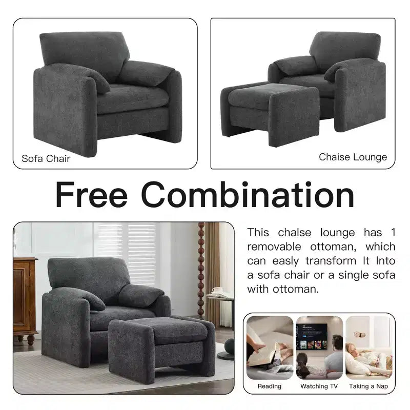Fauteuil d'appoint HYLEORY Chenille 92,48 cm avec pouf, fauteuil de salon confortable et surdimensionné, fauteuil rembourré pour salon, chambre, bureau, appartement