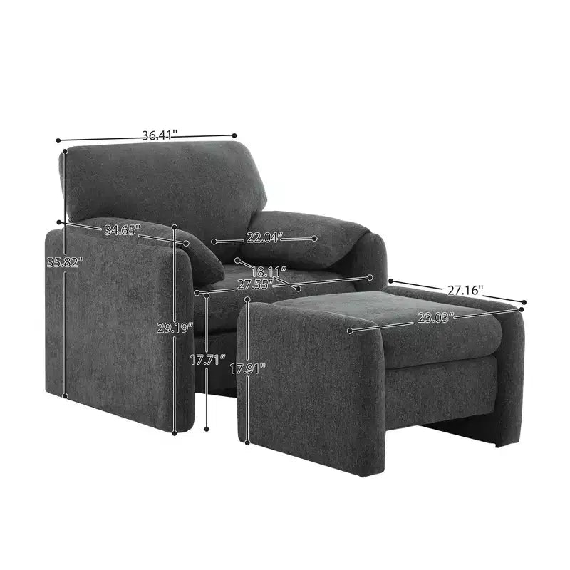 Fauteuil d'appoint HYLEORY Chenille 92,48 cm avec pouf, fauteuil de salon confortable et surdimensionné, fauteuil rembourré pour salon, chambre, bureau, appartement