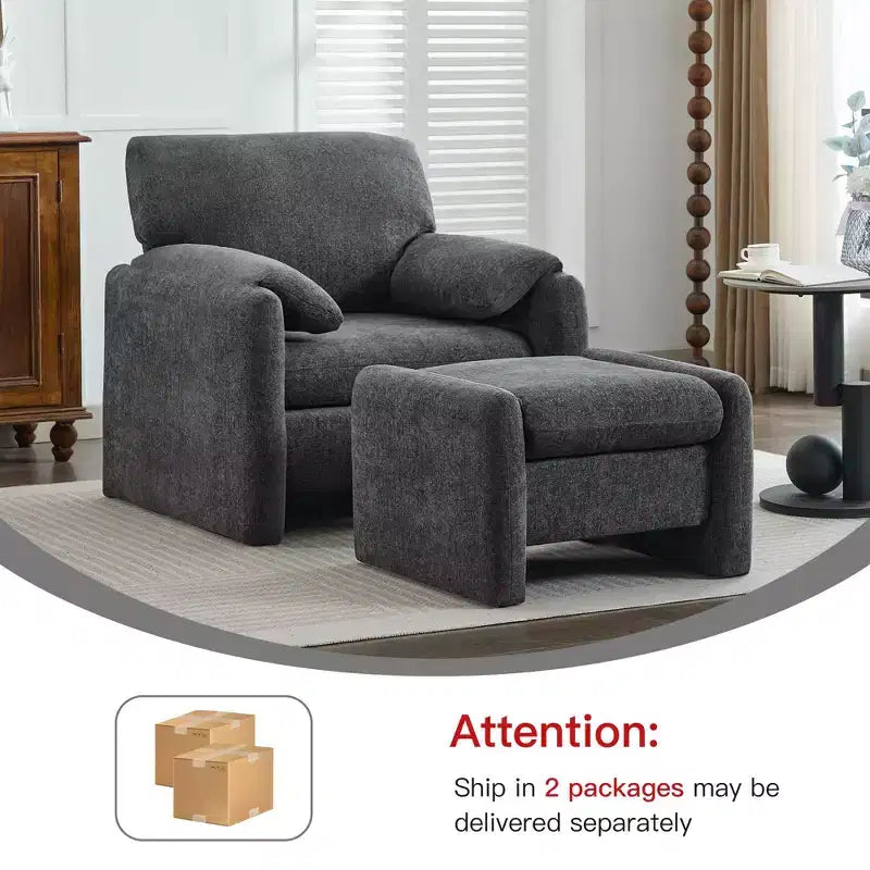 Fauteuil d'appoint HYLEORY Chenille 92,48 cm avec pouf, fauteuil de salon confortable et surdimensionné, fauteuil rembourré pour salon, chambre, bureau, appartement