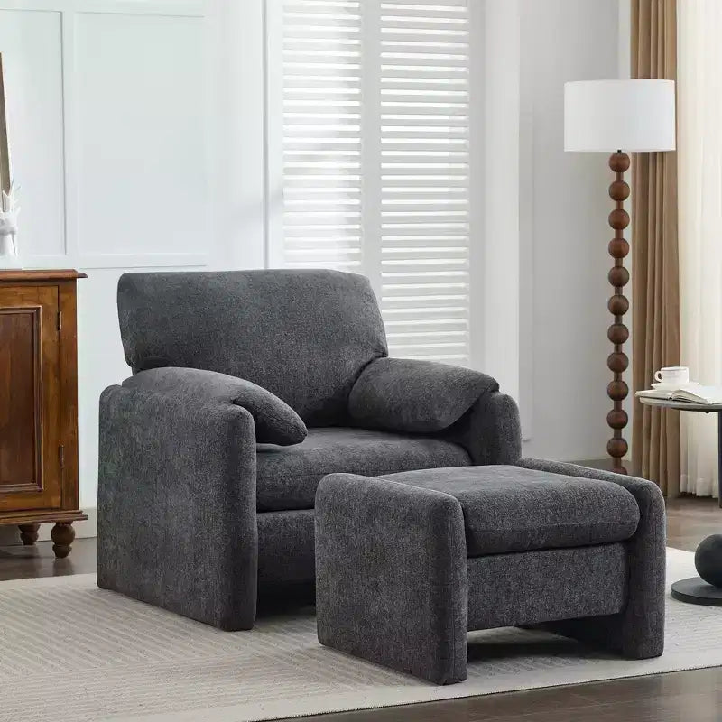 Fauteuil d'appoint HYLEORY Chenille 92,48 cm avec pouf, fauteuil de salon confortable et surdimensionné, fauteuil rembourré pour salon, chambre, bureau, appartement