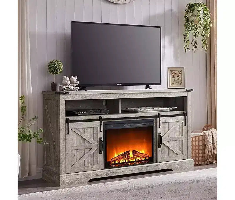 Meuble TV cheminée OKD 60 pour téléviseurs de 65 pouces et plus, meuble TV haut de 33 po avec porte coulissante de style grange