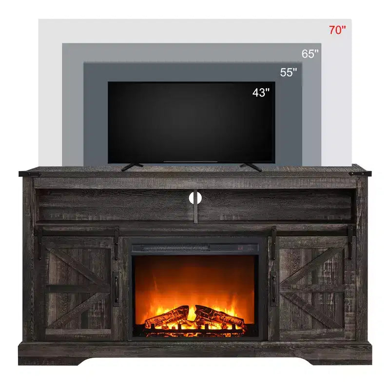 Meuble TV cheminée OKD 60 pour téléviseurs de 65 pouces et plus, meuble TV haut de 33 po avec porte coulissante de style grange