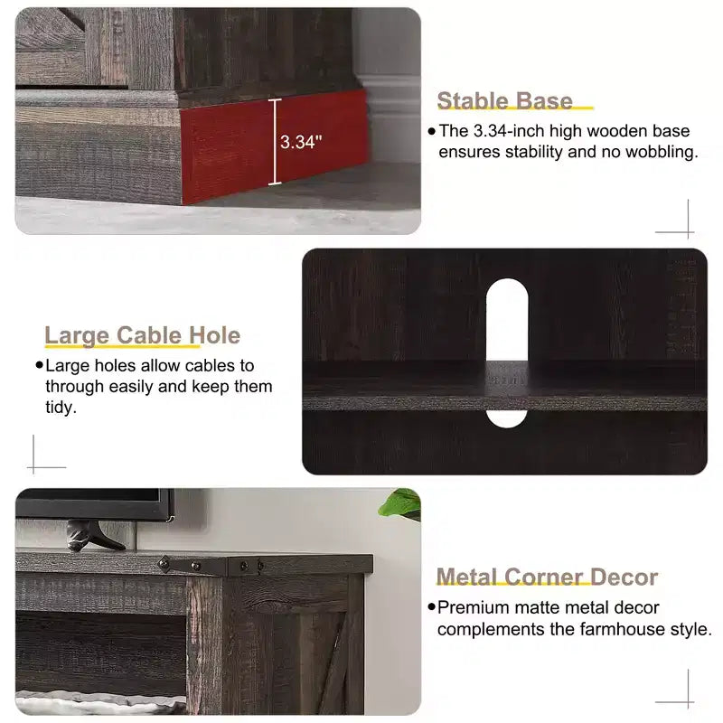 Meuble TV cheminée OKD 60 pour téléviseurs de 65 pouces et plus, meuble TV haut de 33 po avec porte coulissante de style grange