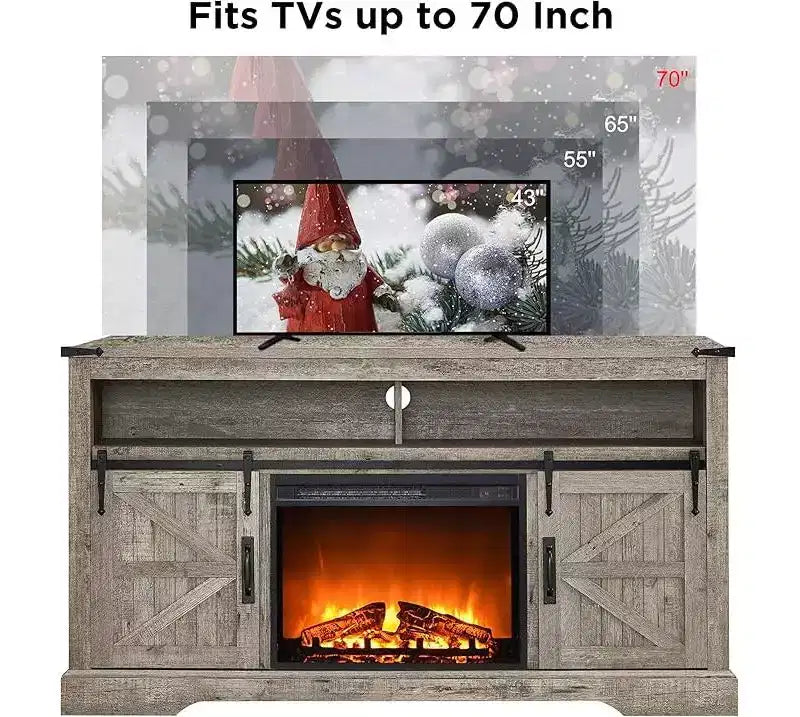 Meuble TV cheminée OKD 60 pour téléviseurs de 65 pouces et plus, meuble TV haut de 33 po avec porte coulissante de style grange