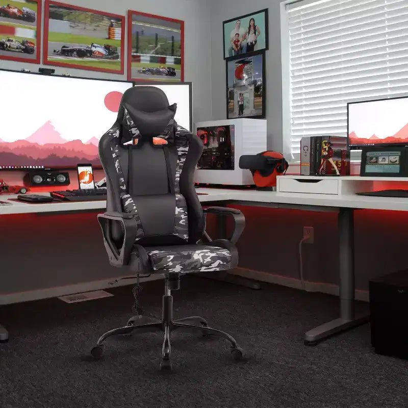 Chaise de jeu FDW Gaming Chaise de bureau massante confortable et élégante avec soutien lombaire réglable, pivotante à 360 degrés et roulettes silencieuses