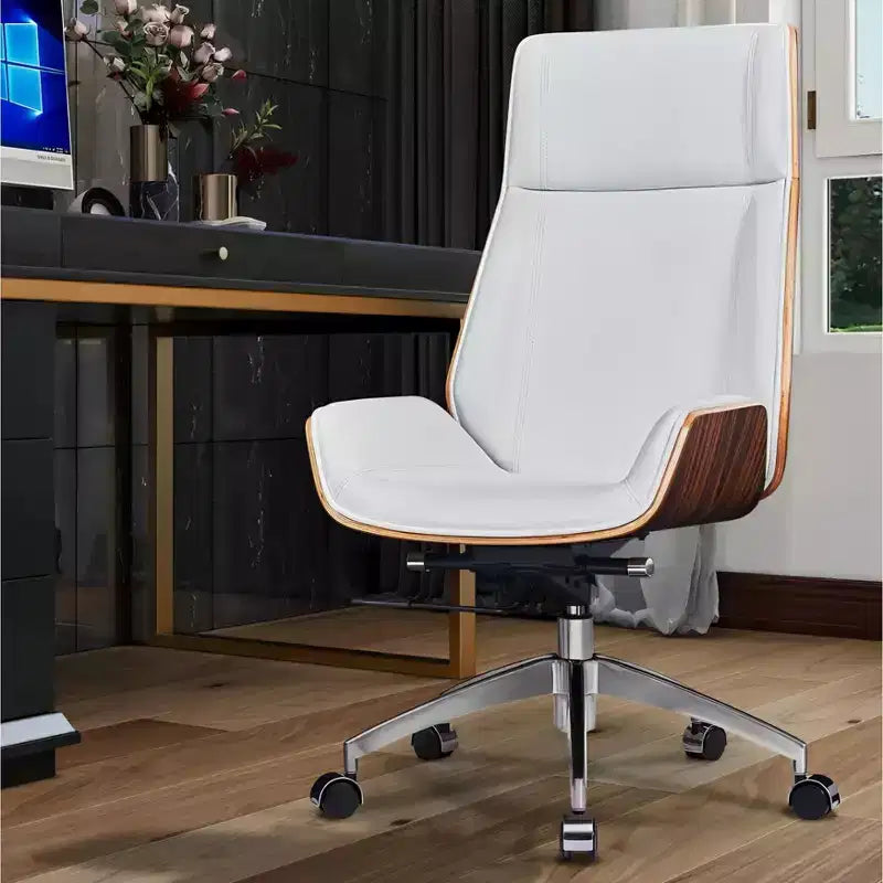 Tree City - Fauteuil de bureau de direction à dossier haut avec dossier en bois courbé de noyer et siège en similicuir, base pivotante et à roulettes