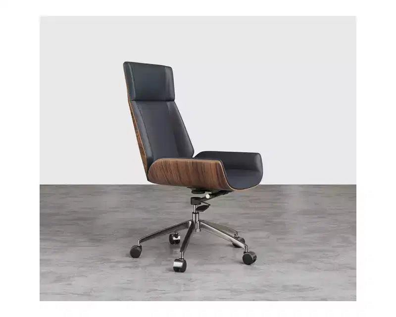 Tree City - Fauteuil de bureau de direction à dossier haut avec dossier en bois courbé de noyer et siège en similicuir, base pivotante et à roulettes