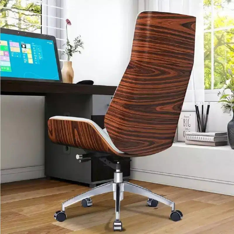 Tree City - Fauteuil de bureau de direction à dossier haut avec dossier en bois courbé de noyer et siège en similicuir, base pivotante et à roulettes