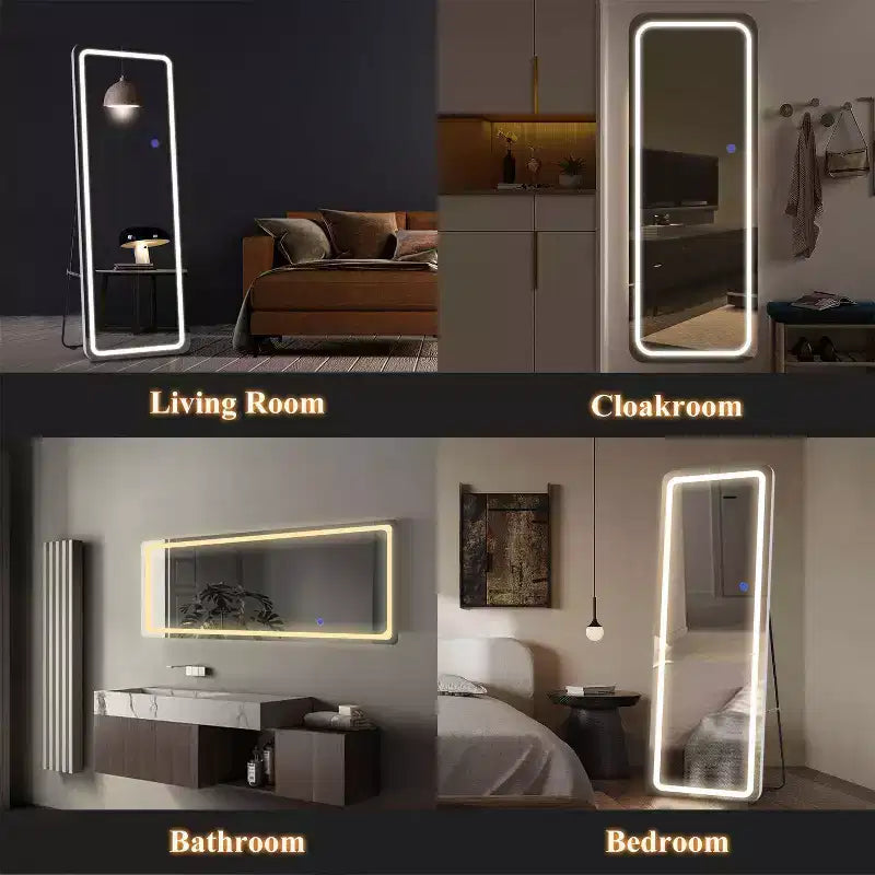 Miroir de courtoisie rectangulaire moderne PexFix de 20 po L x 63 po H pleine longueur à DEL avec lumières, en argent