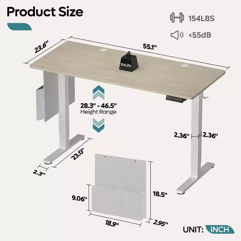 Bureau d'ordinateur électrique réglable en hauteur Bestier 55 avec port USB, bureau de télétravail simple avec crochets et sac latéral, poste de travail assis-debout