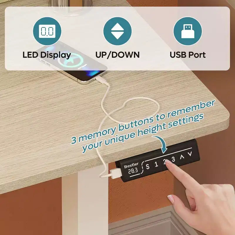 Bureau d'ordinateur électrique réglable en hauteur Bestier 55 avec port USB, bureau de télétravail simple avec crochets et sac latéral, poste de travail assis-debout