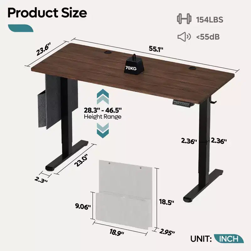 Bureau d'ordinateur électrique réglable en hauteur Bestier 55 avec port USB, bureau de télétravail simple avec crochets et sac latéral, poste de travail assis-debout