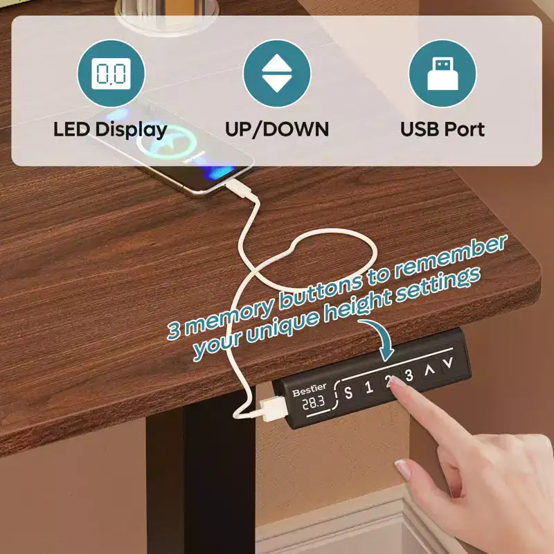 Bureau d'ordinateur électrique réglable en hauteur Bestier 55 avec port USB, bureau de télétravail simple avec crochets et sac latéral, poste de travail assis-debout