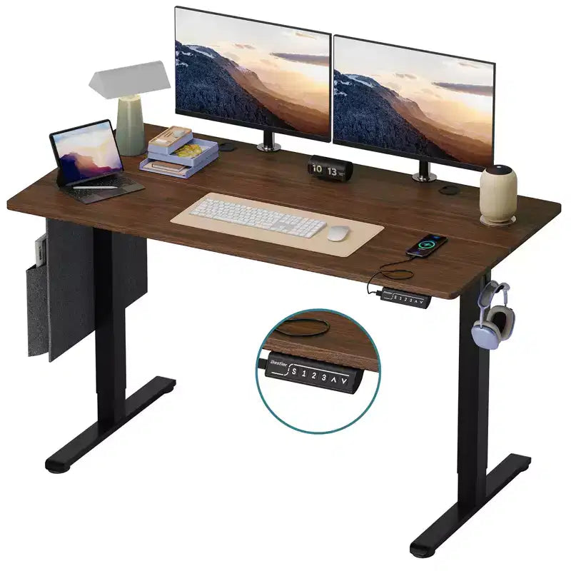 Bureau d'ordinateur électrique réglable en hauteur Bestier 55 avec port USB, bureau de télétravail simple avec crochets et sac latéral, poste de travail assis-debout