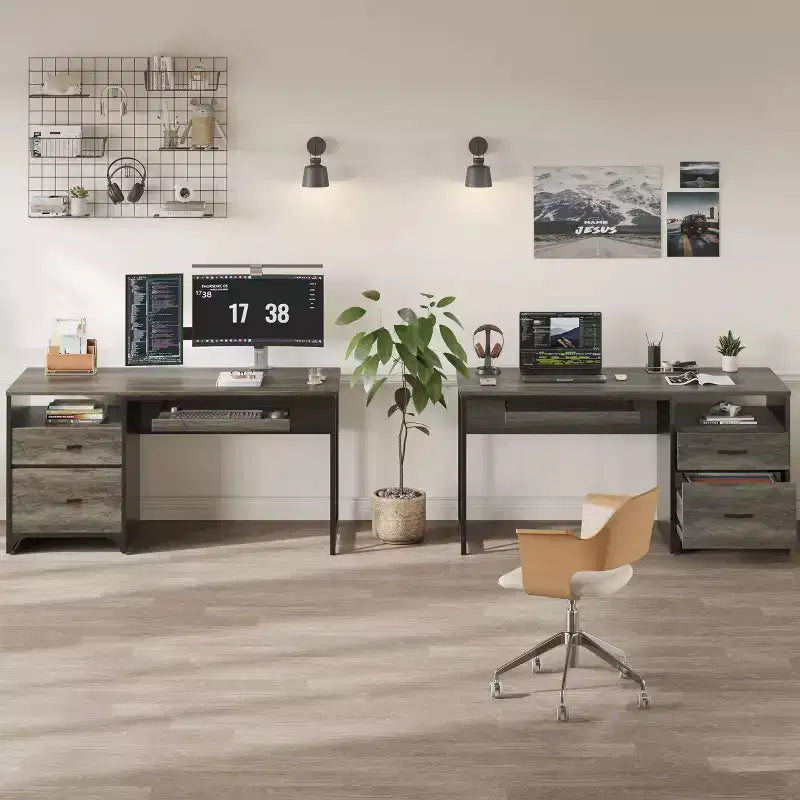 Bureau d'ordinateur Bestier 55'' avec tiroir pour clavier et tiroirs classeurs, bureau industriel avec rangement, bureau en bois pour professeur pour bureau à domicile