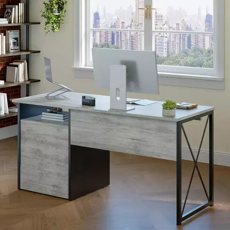 Bureau d'ordinateur Bestier 55'' avec tiroir pour clavier et tiroirs classeurs, bureau industriel avec rangement, bureau en bois pour professeur pour bureau à domicile