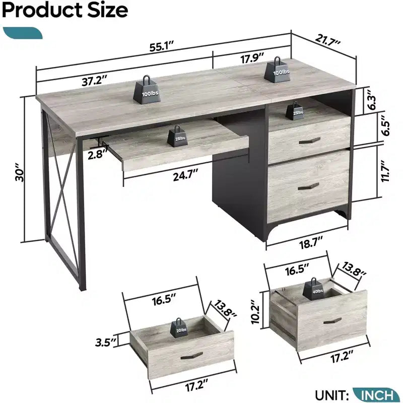 Bureau d'ordinateur Bestier 55'' avec tiroir pour clavier et tiroirs classeurs, bureau industriel avec rangement, bureau en bois pour professeur pour bureau à domicile