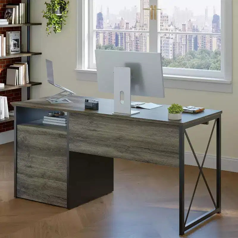 Bureau d'ordinateur Bestier 55'' avec tiroir pour clavier et tiroirs classeurs, bureau industriel avec rangement, bureau en bois pour professeur pour bureau à domicile