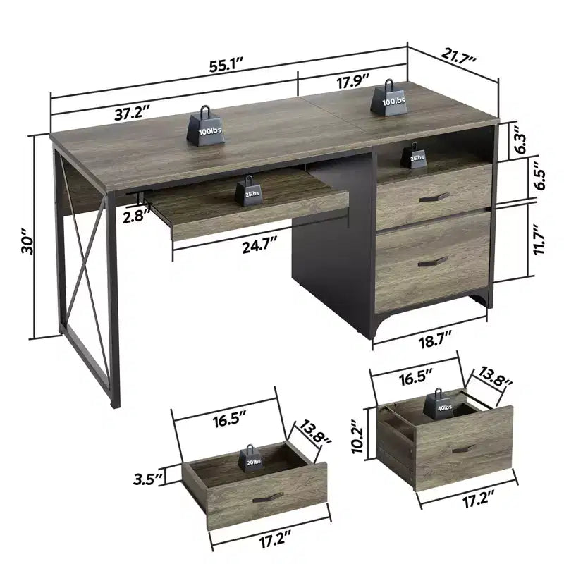 Bureau d'ordinateur Bestier 55'' avec tiroir pour clavier et tiroirs classeurs, bureau industriel avec rangement, bureau en bois pour professeur pour bureau à domicile
