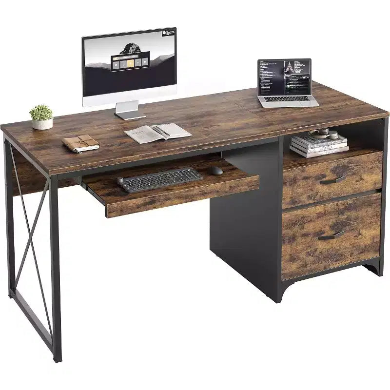 Bureau d'ordinateur Bestier 55'' avec tiroir pour clavier et tiroirs classeurs, bureau industriel avec rangement, bureau en bois pour professeur pour bureau à domicile