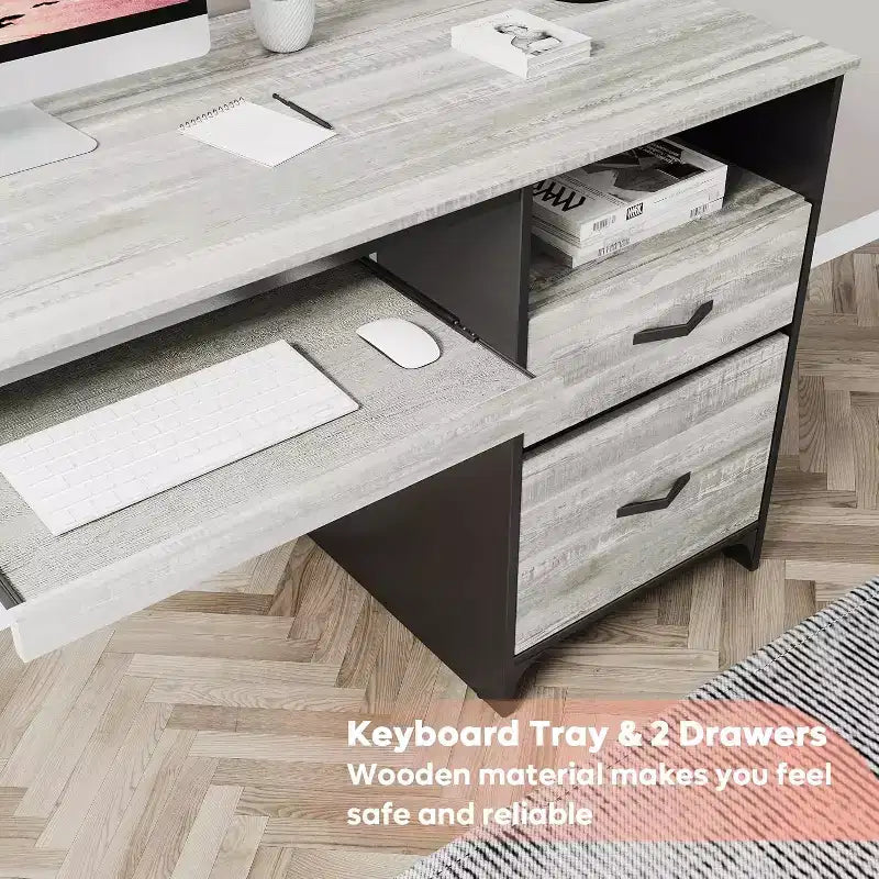 Bureau d'ordinateur Bestier 55'' avec tiroir pour clavier et tiroirs classeurs, bureau industriel avec rangement, bureau en bois pour professeur pour bureau à domicile