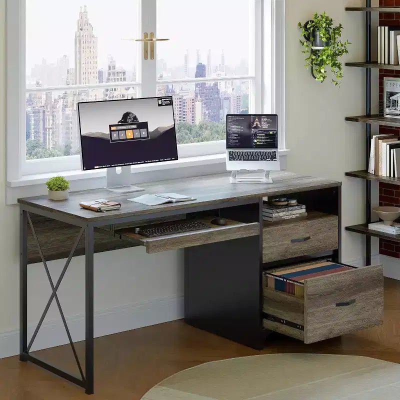 Bureau d'ordinateur Bestier 55'' avec tiroir pour clavier et tiroirs classeurs, bureau industriel avec rangement, bureau en bois pour professeur pour bureau à domicile