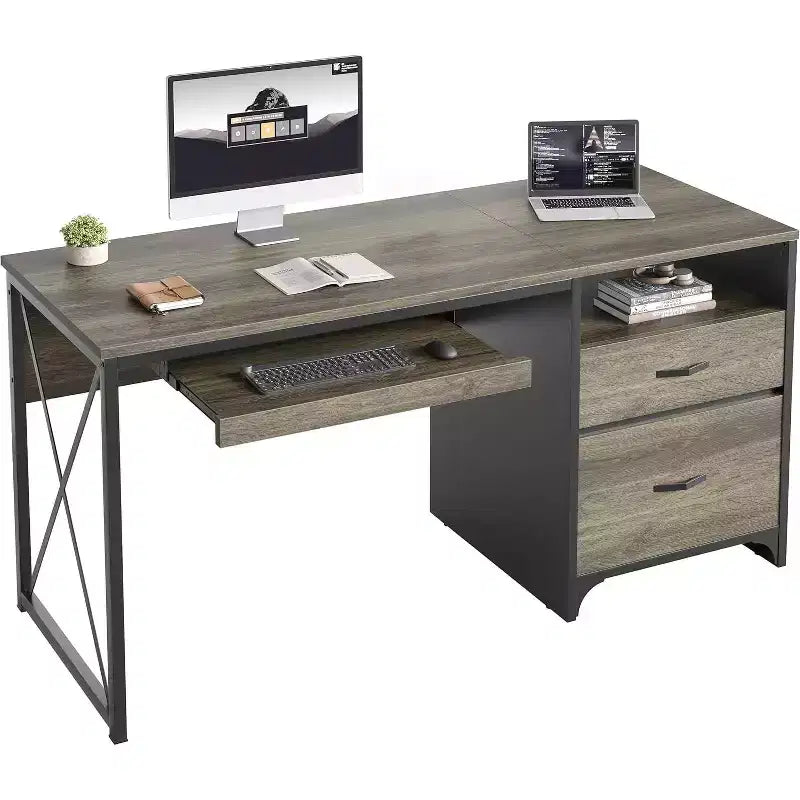 Bureau d'ordinateur Bestier 55'' avec tiroir pour clavier et tiroirs classeurs, bureau industriel avec rangement, bureau en bois pour professeur pour bureau à domicile