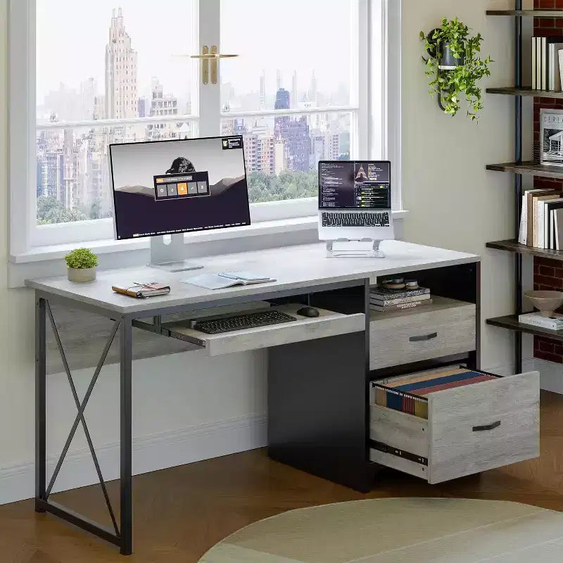 Bureau d'ordinateur Bestier 55'' avec tiroir pour clavier et tiroirs classeurs, bureau industriel avec rangement, bureau en bois pour professeur pour bureau à domicile